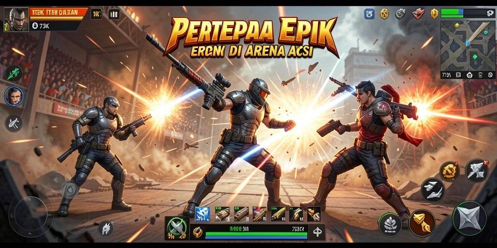 Screenshot gameplay aksi 73K penuh dengan pertempuran seru.