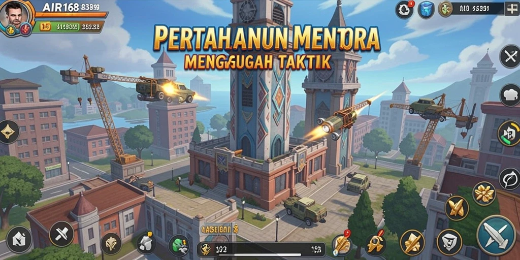 Tangkapan layar AIR168 menunjukkan aksi menegangkan dalam pertempuran Tower Defense.