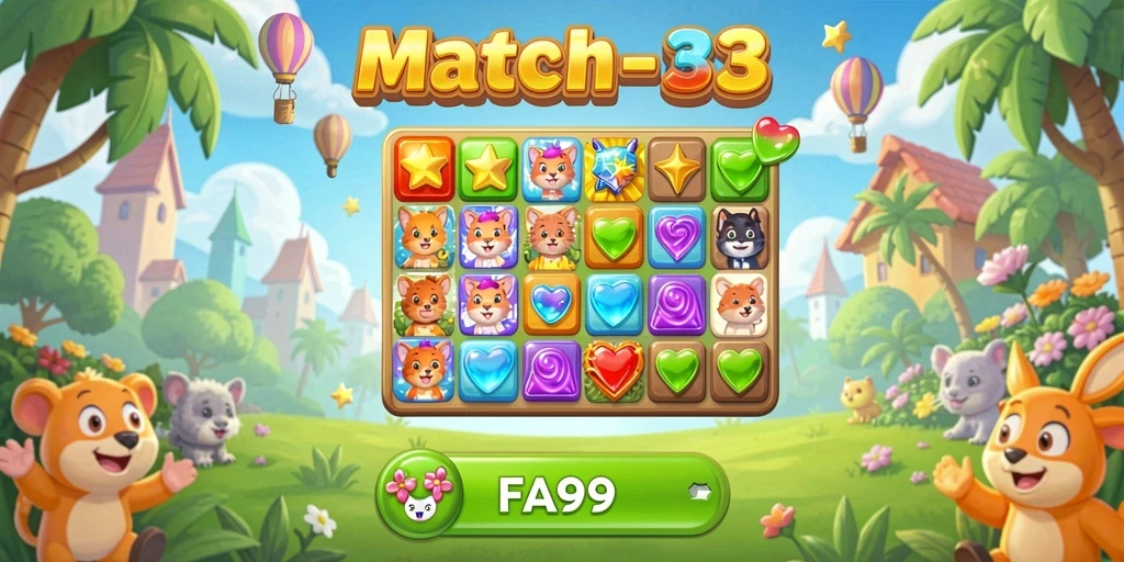 Tampilan menarik dan penuh warna dari gameplay FA99 Match-3.