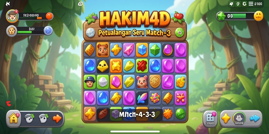 Tampilan gameplay <strong>HAKIM4D</strong> dengan level Match-3 yang menantang dan menarik.