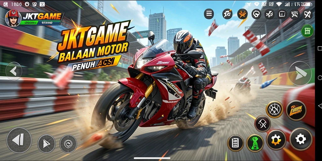 Gameplay JKTGAME menampilkan balapan motor yang mengasyikkan dan penuh aksi.