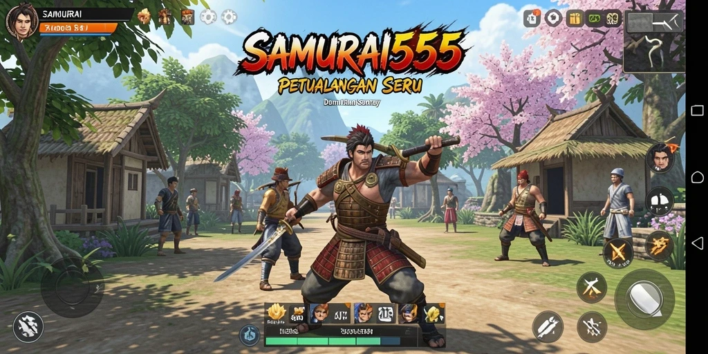 Screenshot utama SAMURAI555 menampilkan karakter ceria dalam gameplay menarik.